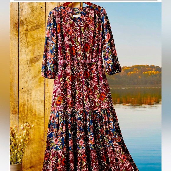 Coldwater Creek Woodland Wonder Maxi Dress Burgundy Floral Sleeve Dress Size 2X - Picture 9 of 14